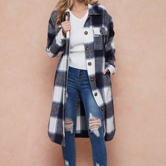 Brushed Flannel Plaid Button Long Coats - Picture 3 of 11